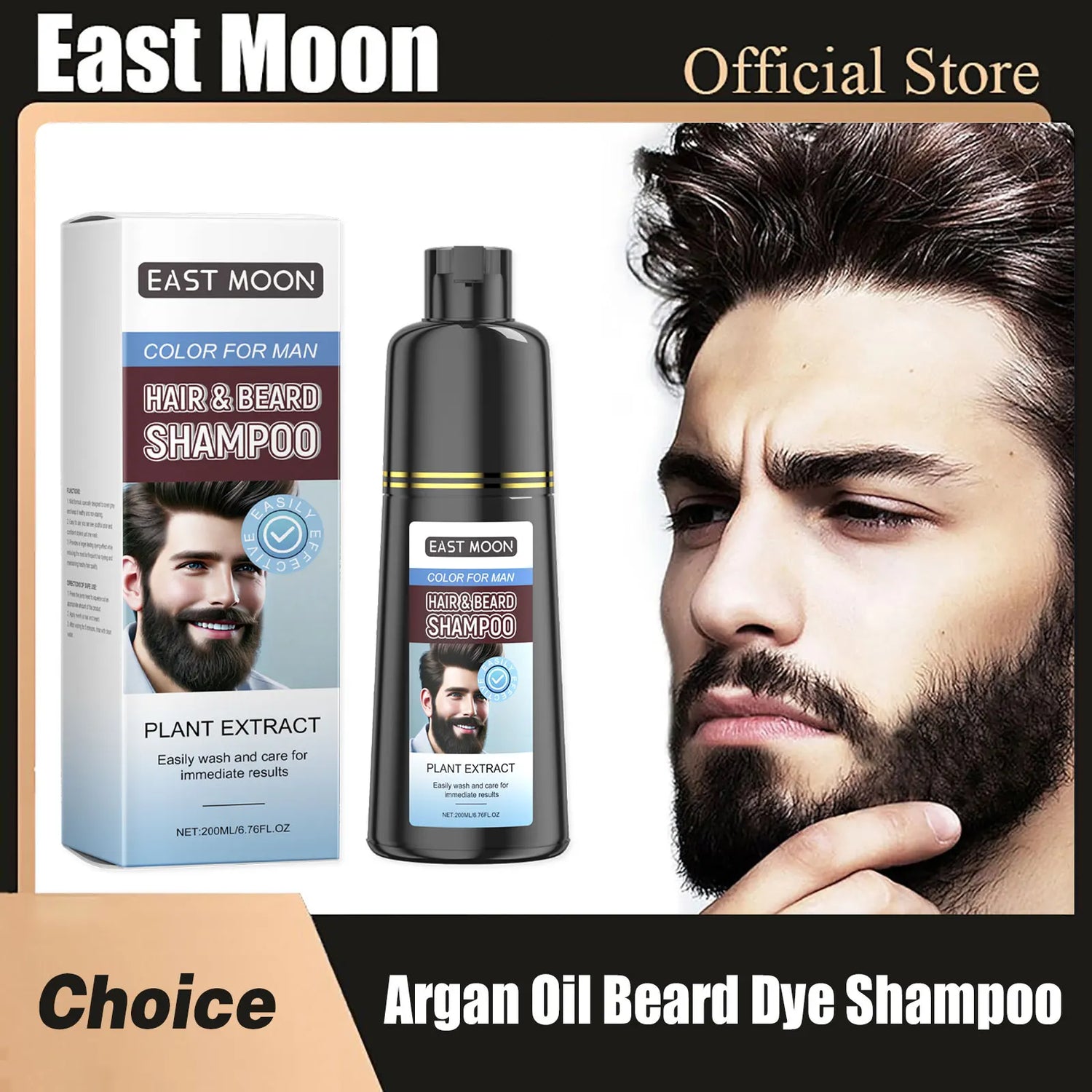 East Moon Argan Oil Beard Dye Shampoo Removal White Grey Plant Extract Long Lasting Coloring Permanent Hair Darkening Shampoos