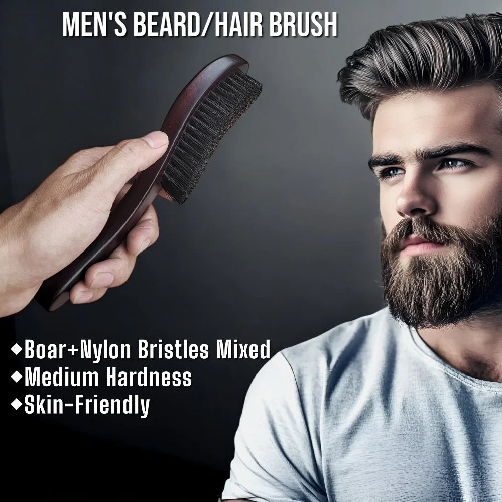 Gracemen Hair &amp; Beard Grooming Set - Curved Boar Bristle Wave Brush &amp; Wooden Mustache Comb &amp; Trimming Scissors Men&