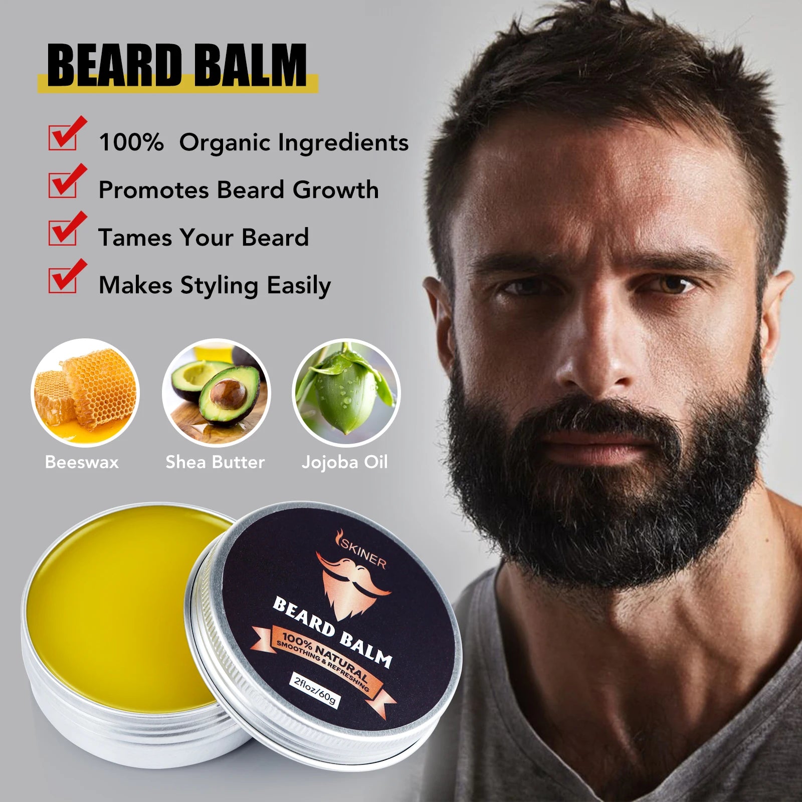 5pcs Kit Beard Growth Kit For Men Hair Enhancerbeard Natural Plants Essential Oil Beard Wax Balm Bamboo Brush Comb Beard Care