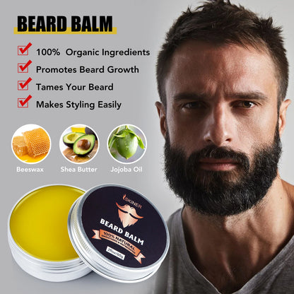 Kit de croissance de barbe 5 pièces pour hommes, rehausseur de cheveux, huile essentielle de plantes naturelles, cire à barbe, baume, brosse en bambou, peigne, soins de la barbe