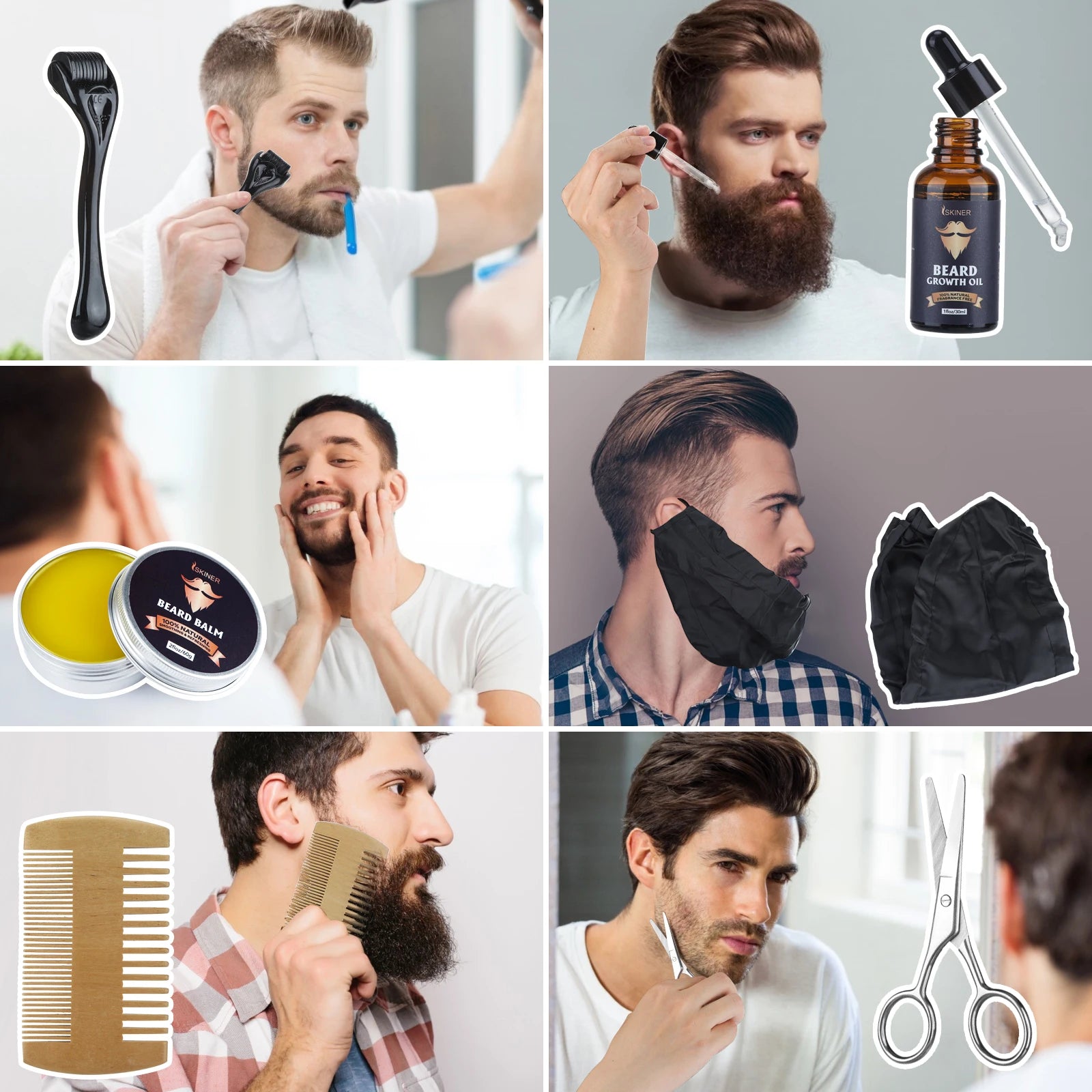 5pcs Kit Beard Growth Kit For Men Hair Enhancerbeard Natural Plants Essential Oil Beard Wax Balm Bamboo Brush Comb Beard Care