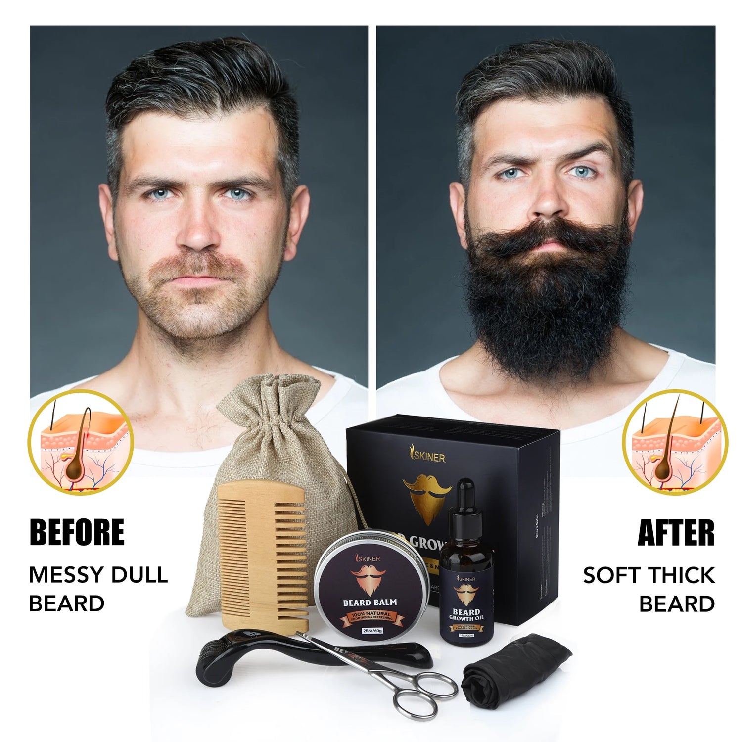 Kit de croissance de barbe 5 pièces pour hommes, rehausseur de cheveux, huile essentielle de plantes naturelles, cire à barbe, baume, brosse en bambou, peigne, soins de la barbe