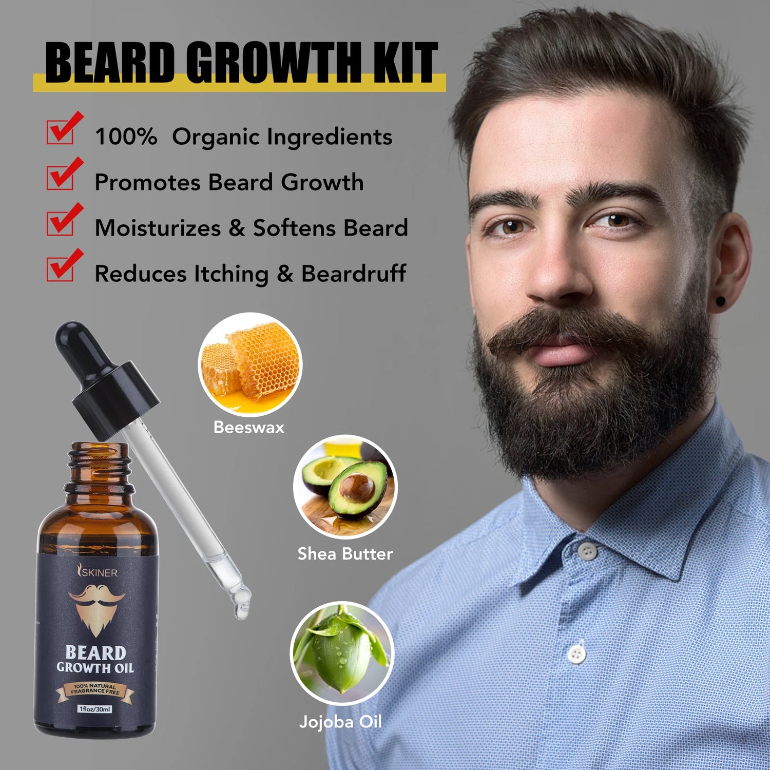 Kit de croissance de barbe 5 pièces pour hommes, rehausseur de cheveux, huile essentielle de plantes naturelles, cire à barbe, baume, brosse en bambou, peigne, soins de la barbe