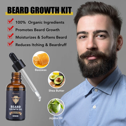 Kit de croissance de barbe 5 pièces pour hommes, rehausseur de cheveux, huile essentielle de plantes naturelles, cire à barbe, baume, brosse en bambou, peigne, soins de la barbe