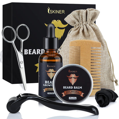 Kit de croissance de barbe 5 pièces pour hommes, rehausseur de cheveux, huile essentielle de plantes naturelles, cire à barbe, baume, brosse en bambou, peigne, soins de la barbe